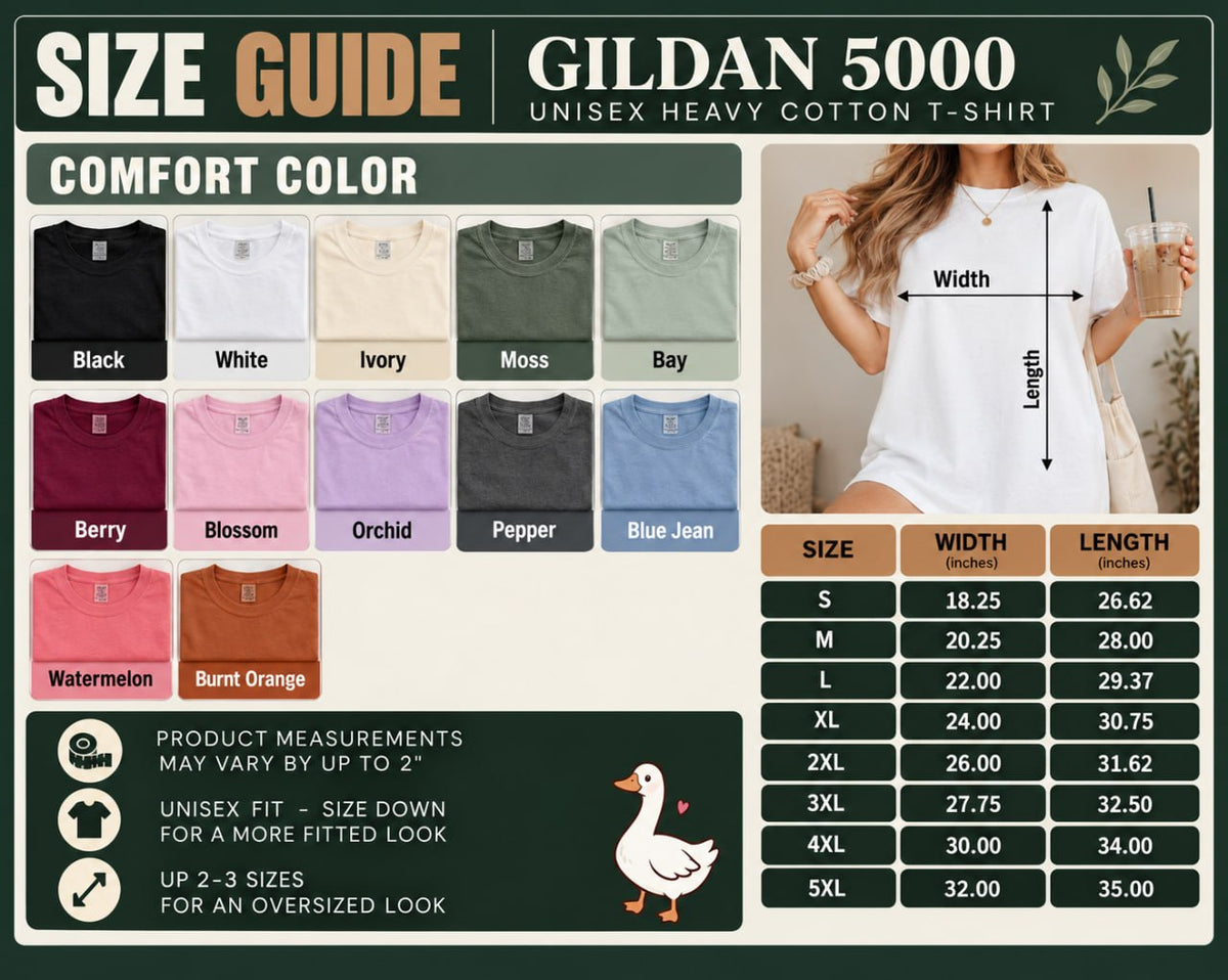 Size Guide — Gildan 5000 Comfort Colors