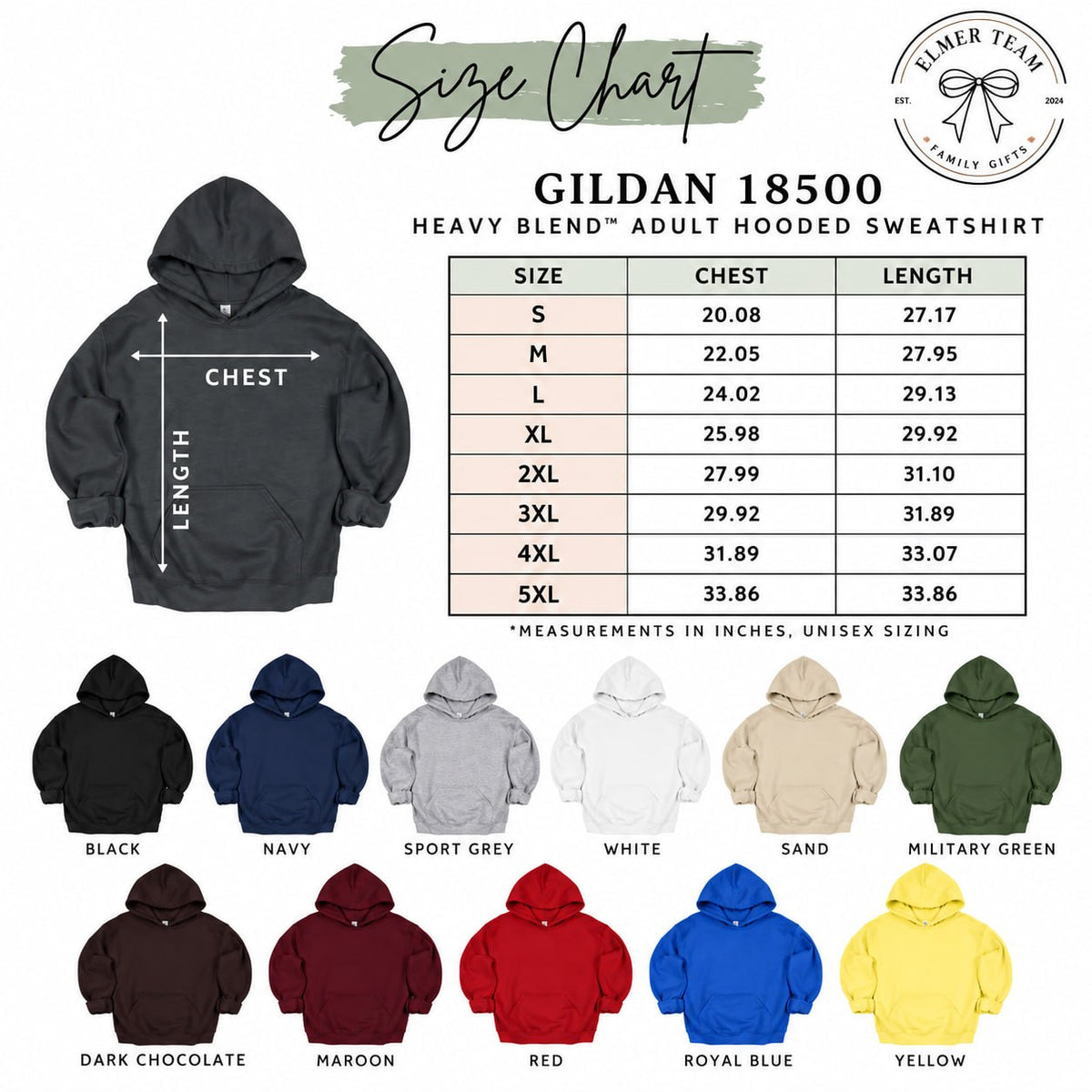 Hoodie Size Chart — Gildan 18500