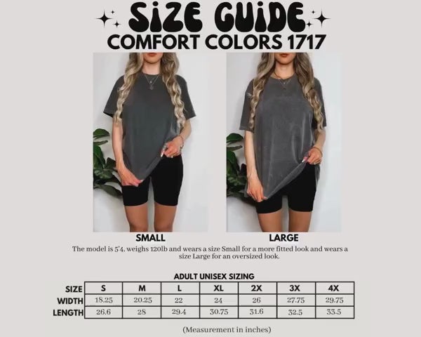 Size guide video — model wearing the tee