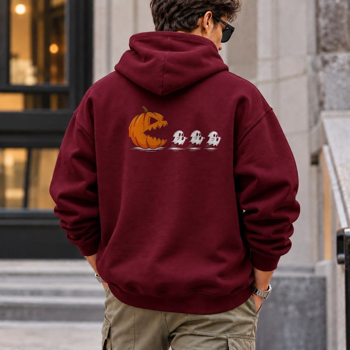 pumpkin_chasing_ghost hoodie — Maroon