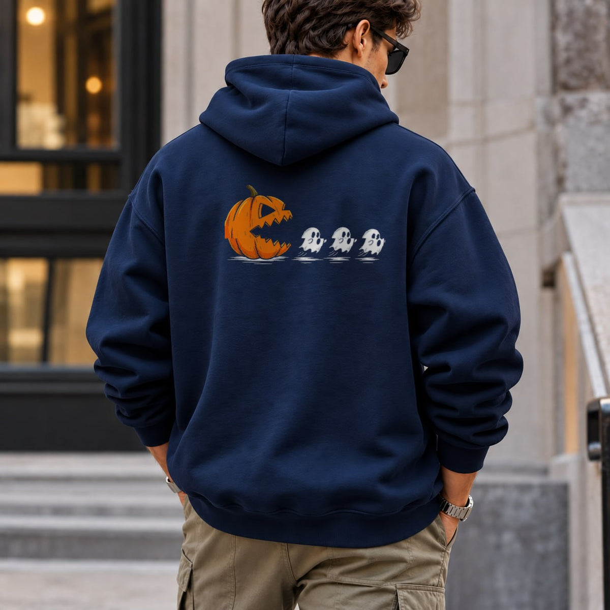 pumpkin_chasing_ghost hoodie — Navy