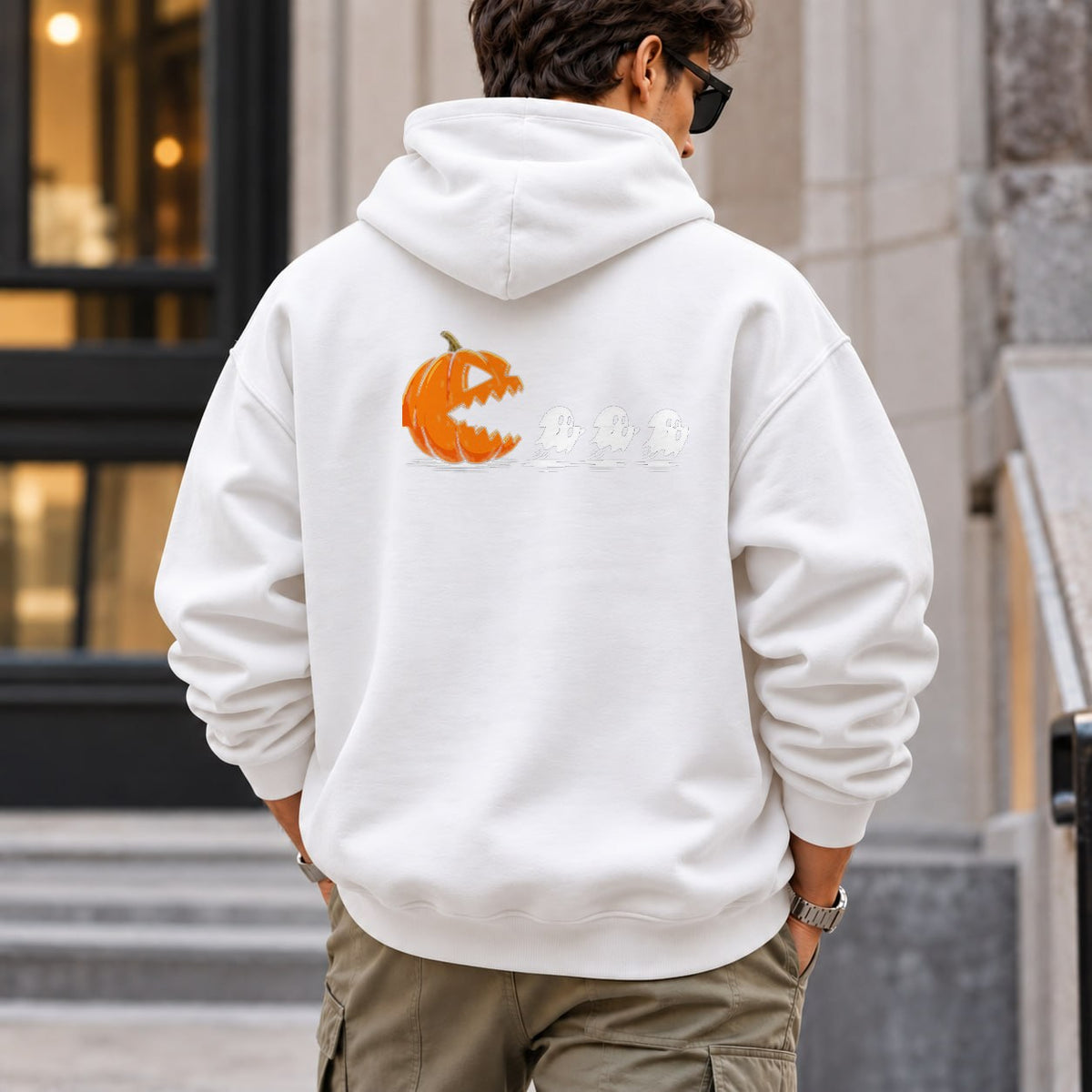 pumpkin_chasing_ghost hoodie — White