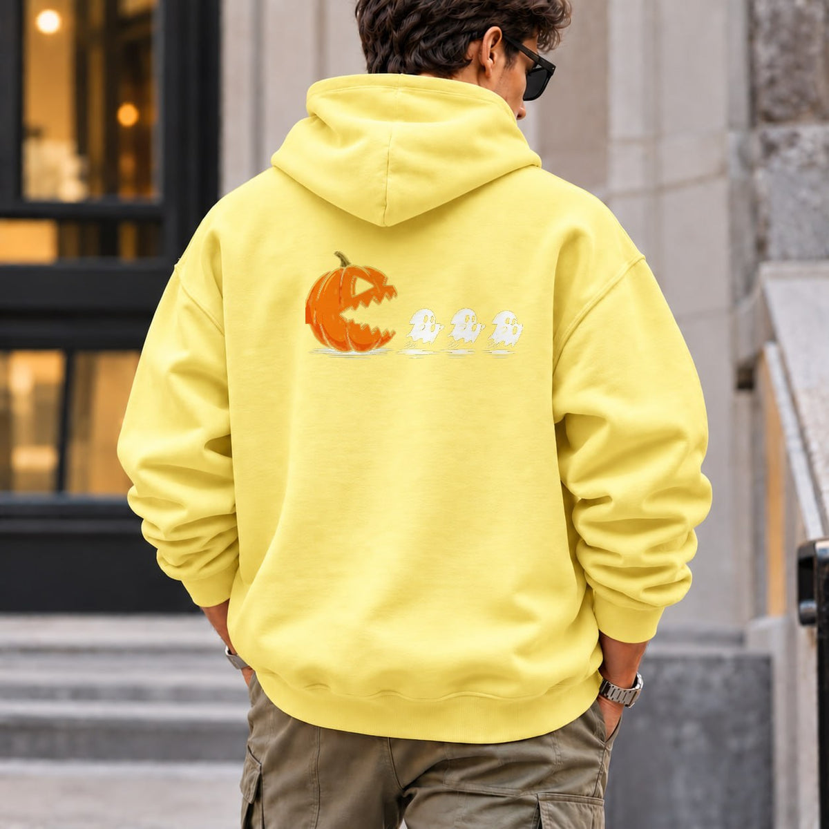 pumpkin_chasing_ghost hoodie — Yellow