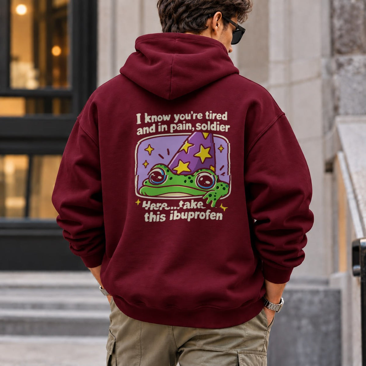 tired_frog hoodie — Maroon