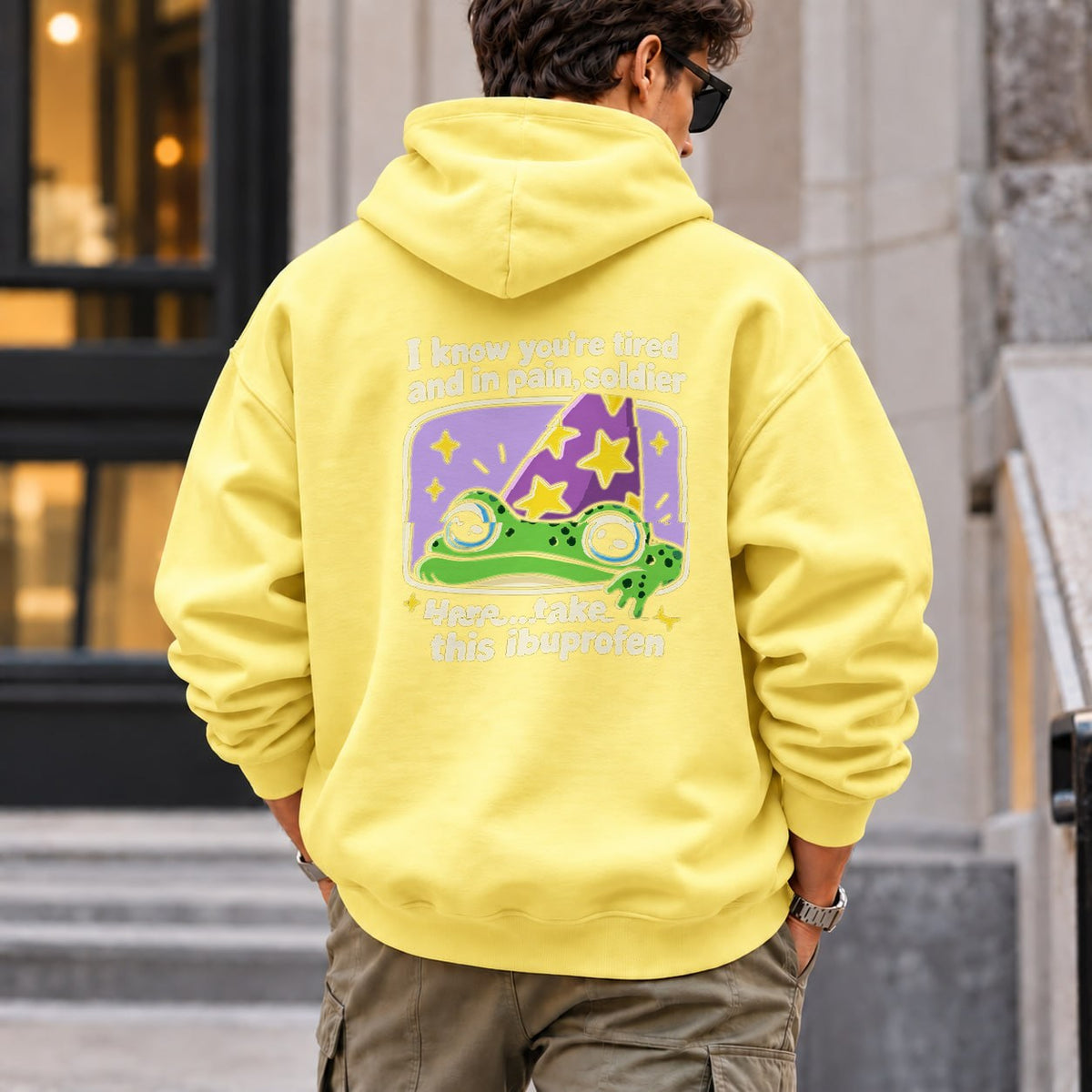 tired_frog hoodie — Yellow